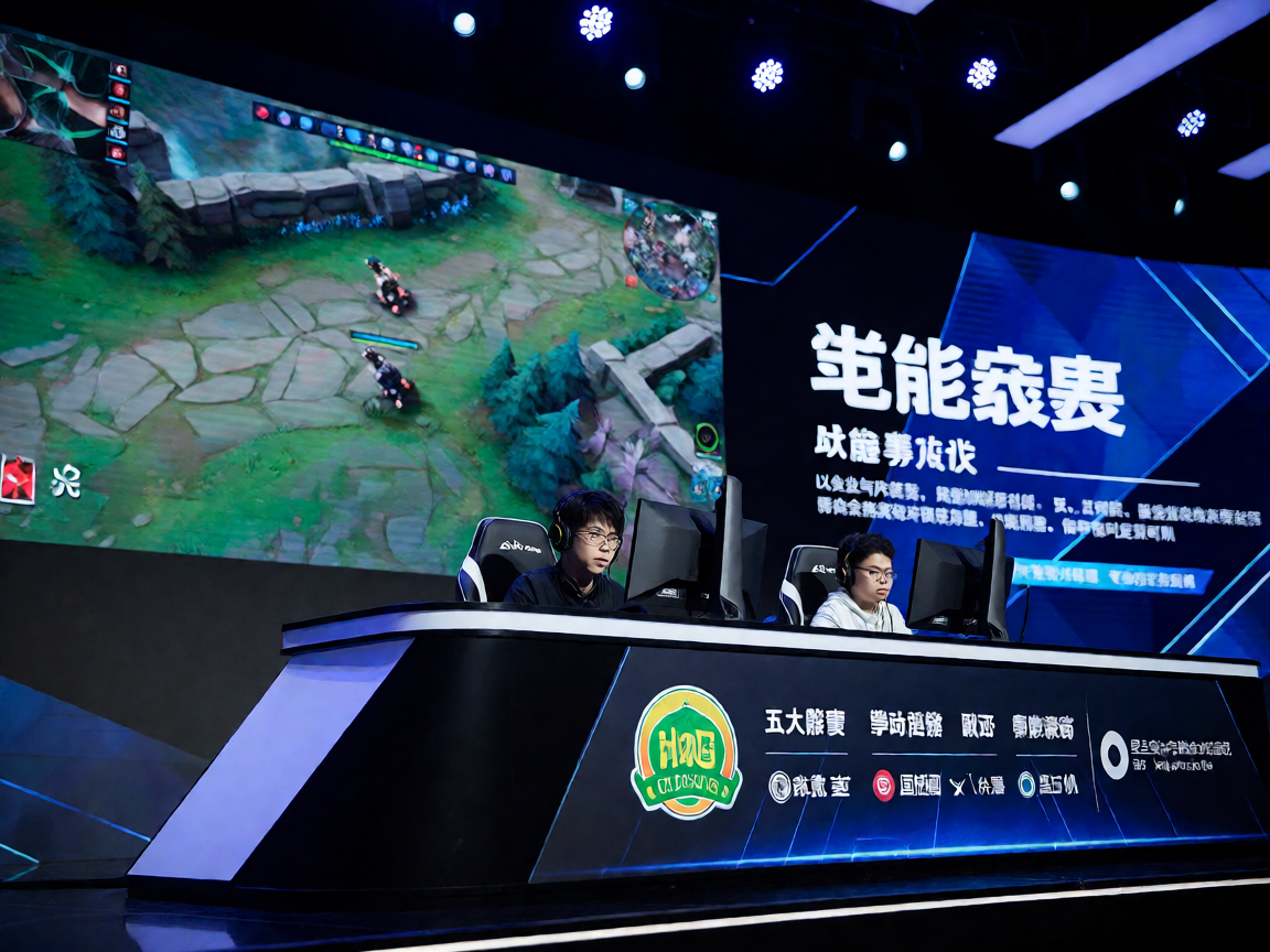 电竞比赛现场，选手在舞台上专注比赛，大屏幕显示实时战况